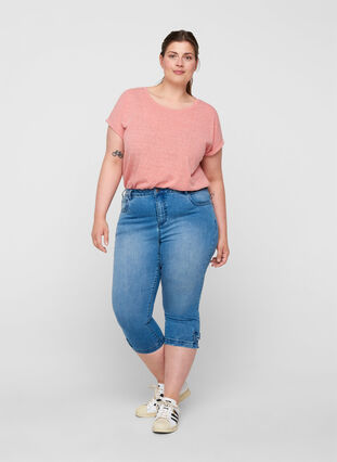 Trekvartsbyxor i jeans med rosett, Blue denim, Model image number 0