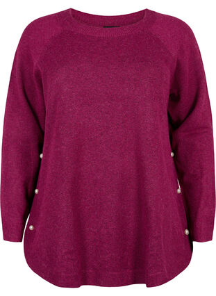 Melerad stickad tröja med pärlknappar på sidorna	, Raspberry Mel., Packshot image number 0