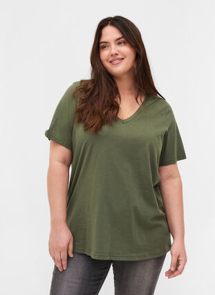 T-shirt i ekologisk bomull med v-ringning, Thyme, Model image number 0