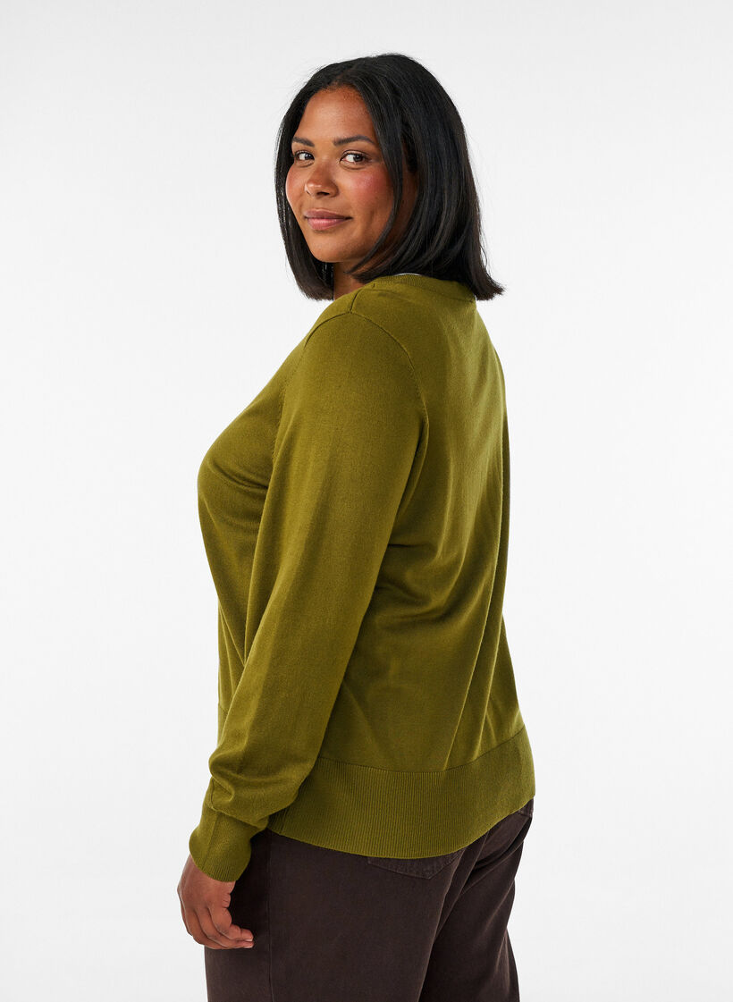 Stickad kofta med rund halsringning och knappar, Gr&ouml;n, Model image number 2