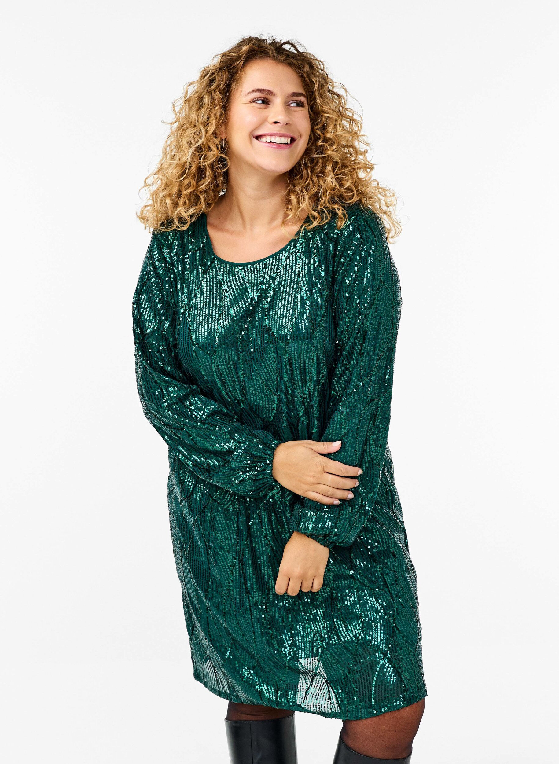 Zizzi L&aring;ng&auml;rmad paljettkl&auml;nning med m&ouml;nster, Rain Forest, Model image number 0