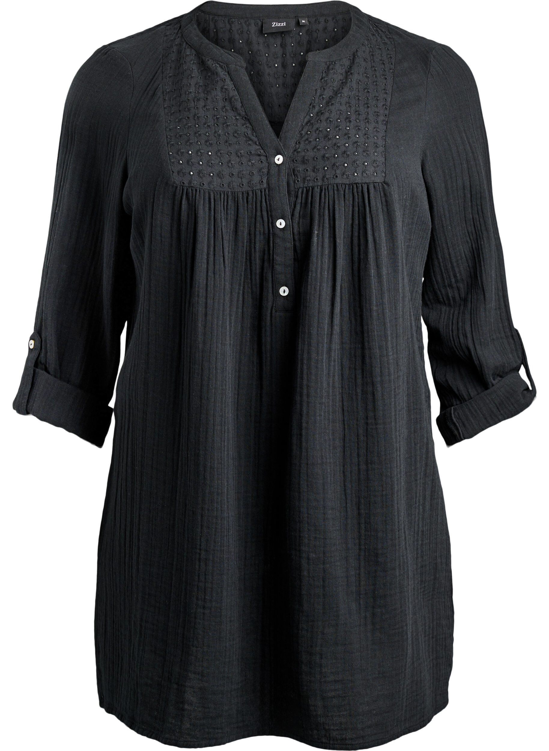 Zizzi Tunika i bomullsmuslin med broderie anglaise, Svart, Packshot image number 0