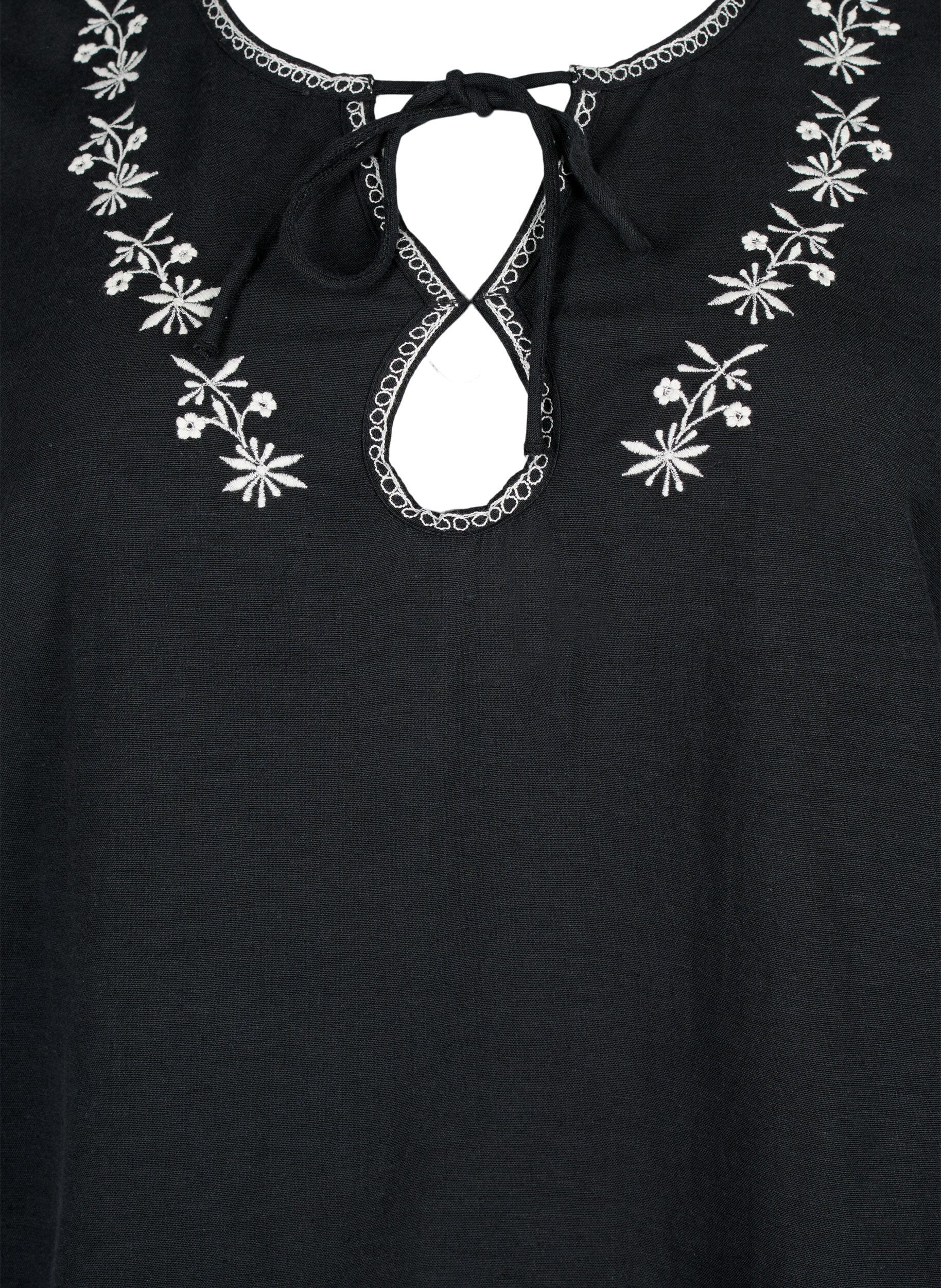 Zizzi Broderad blus i bomullsblandning med linne, Black W. EMB, Packshot image number 2