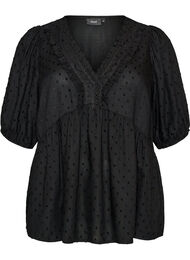 Blus i viskos med prickig textur och v-ringning, Svart
