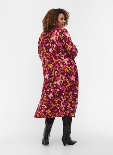 Blommig viskosklänning med 3/4 ärmar, Hot Pink Flower, Model image number 1