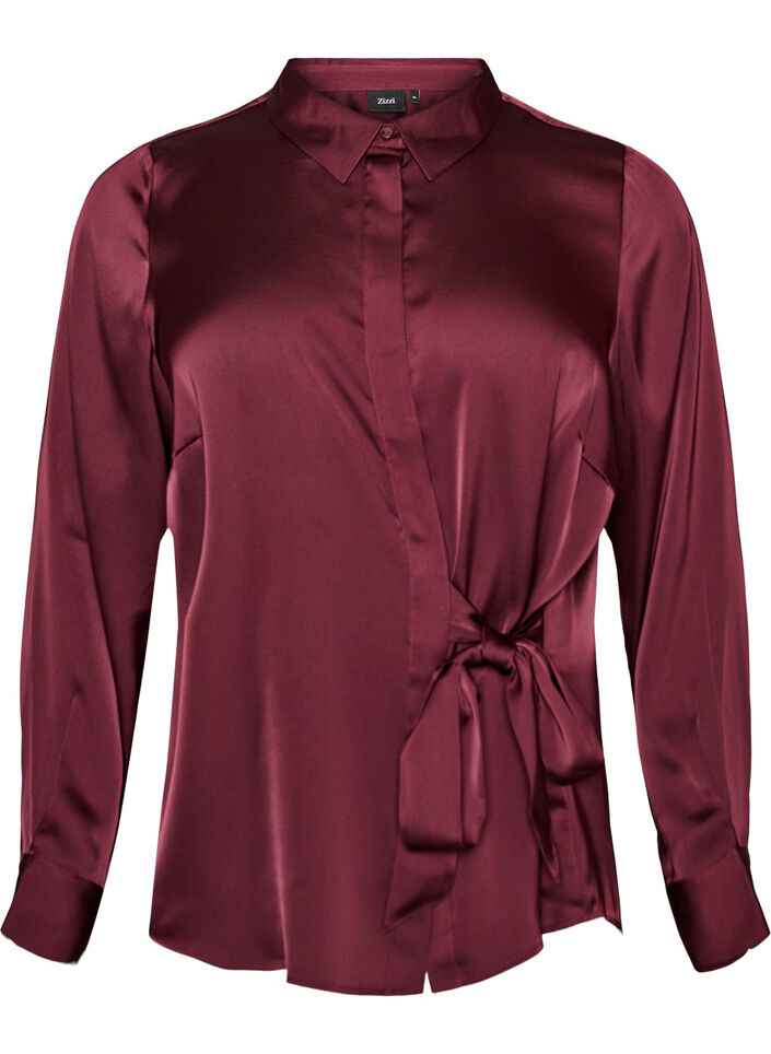 Blus i satinlook med omlotteffekt, R&ouml;d, Packshot image number 0