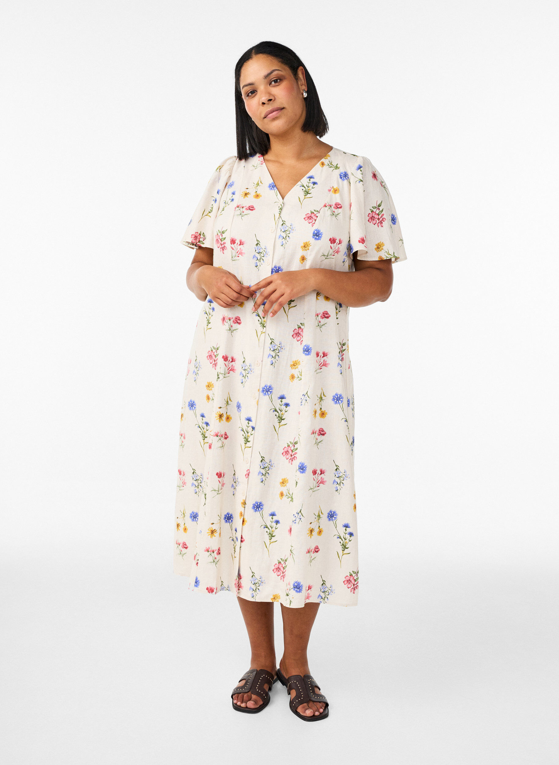 Midikl&auml;nning i linne och viskos med volang&auml;rmar, Beige, Model