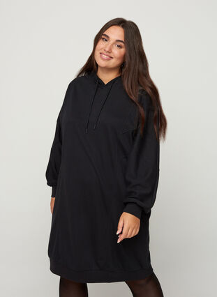 Långärmad sweatklänning med huva, Black, Model image number 0