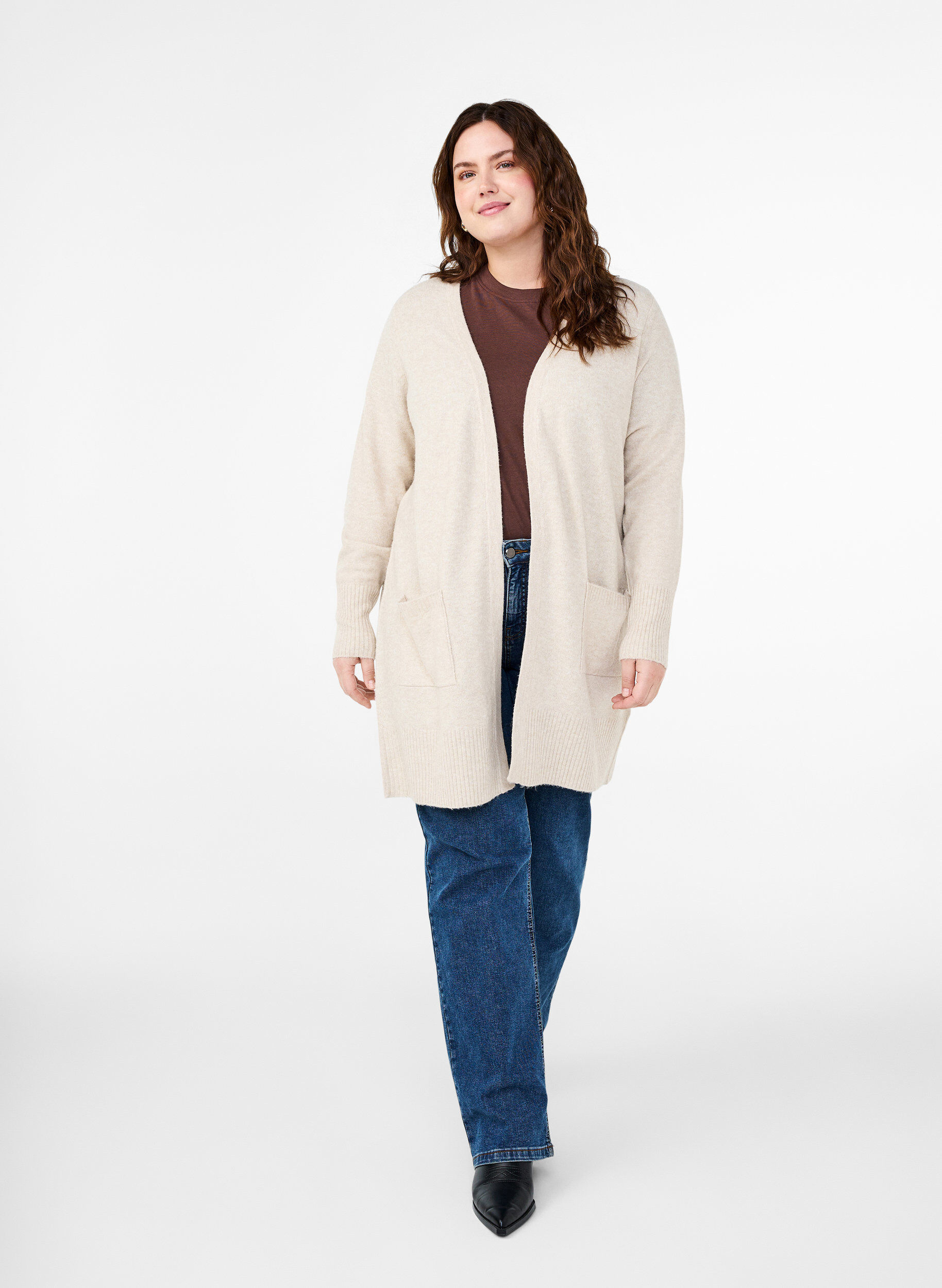 ZizziRibbstickad kofta med fickor, Beige, Model image number 1