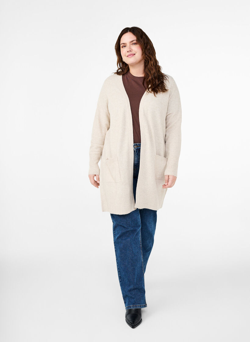 Ribbstickad kofta med fickor, Beige, Model image number 1