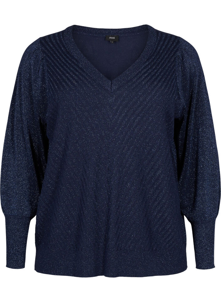 Stickad blus med shimmer och V-ringning, Naval A.w.Blue Lurex, Packshot image number 0