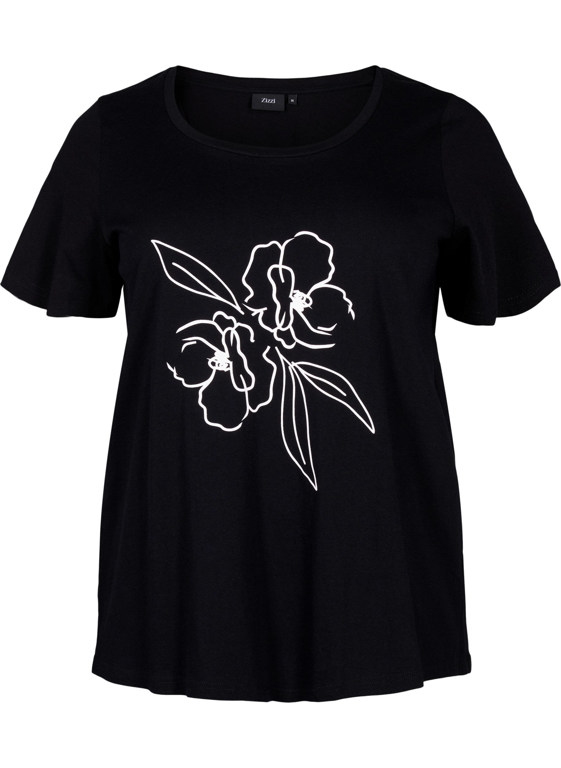 Zizzi T-shirt i bomull med motiv, Black w. Flower, Packshot image number 0