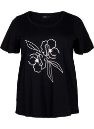 T-shirt i bomull med motiv, Black w. Flower