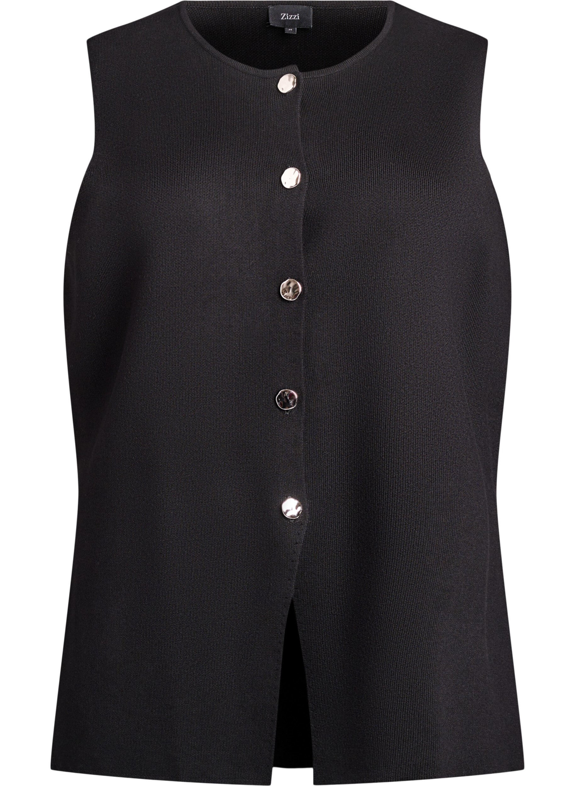 &Auml;rml&ouml;s stickad v&auml;st med dekorativa knappar