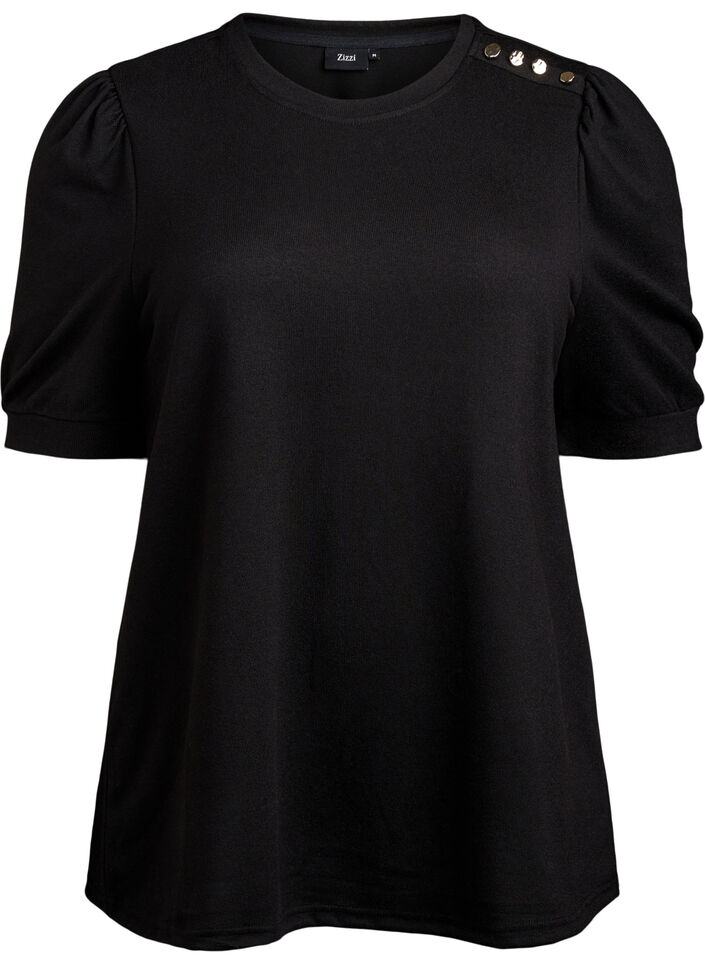 Blus med knappdetalj och korta puff&auml;rmar, Svart, Packshot image number 0