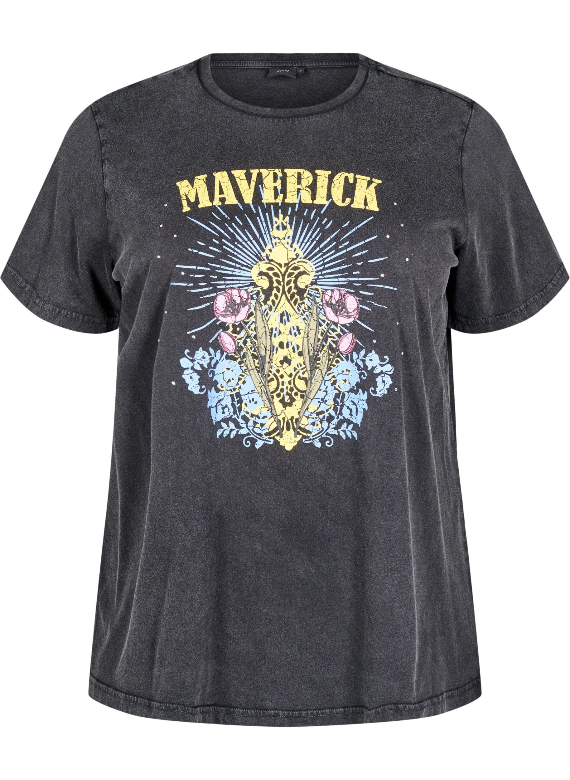 Zizzi T-shirt i ekologisk bomull med grafiskt tryck, Gr&aring;, Packshot image number 0