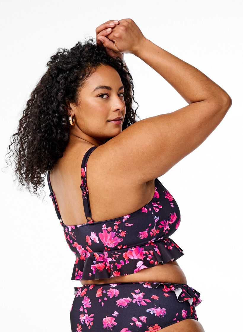 Bikinitopp med blommigt mönster och volangkant, Rosa, Model image number 2