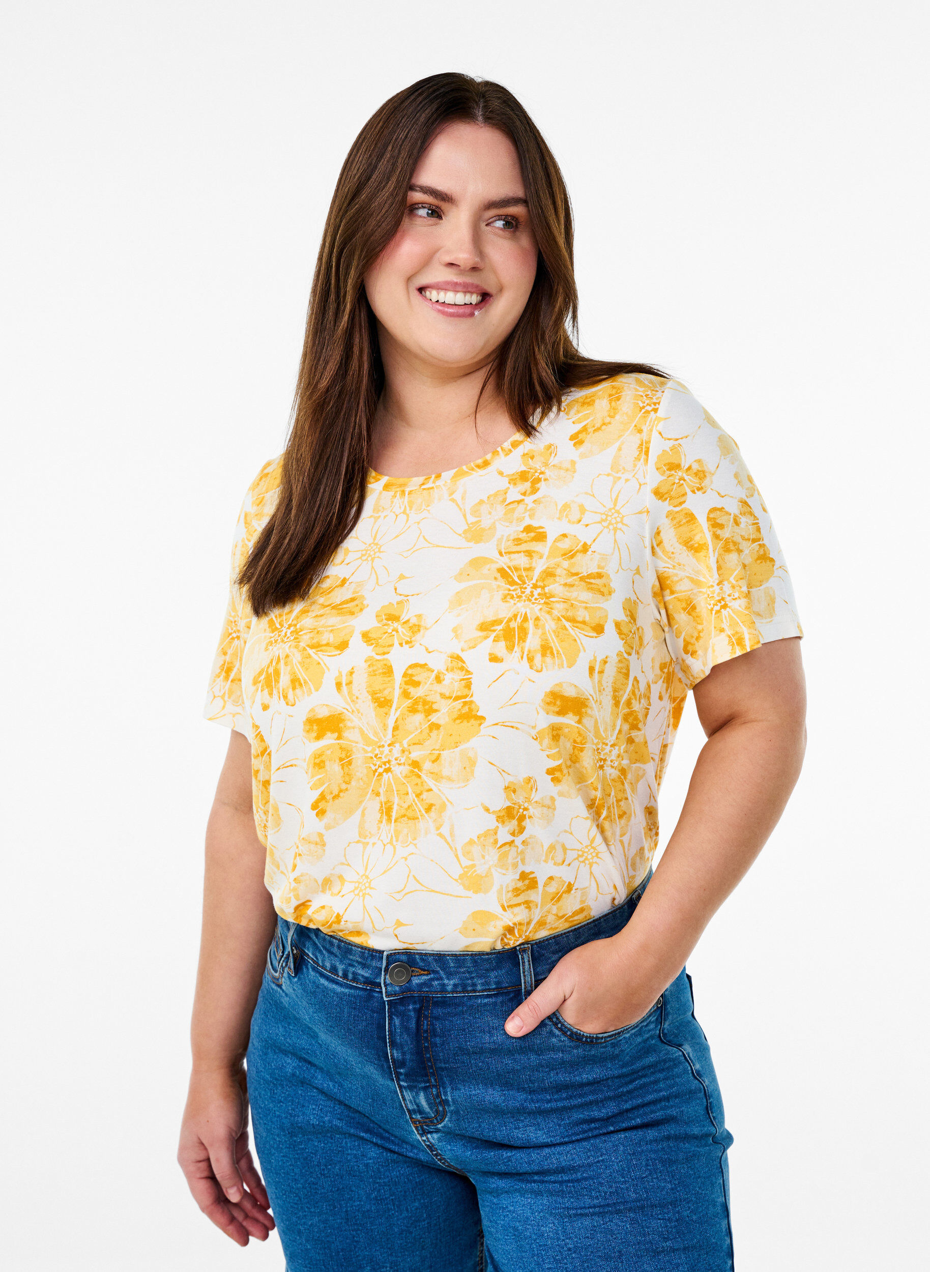Zizzi T-shirt med blommigt tryck, Gul, Model image number 0