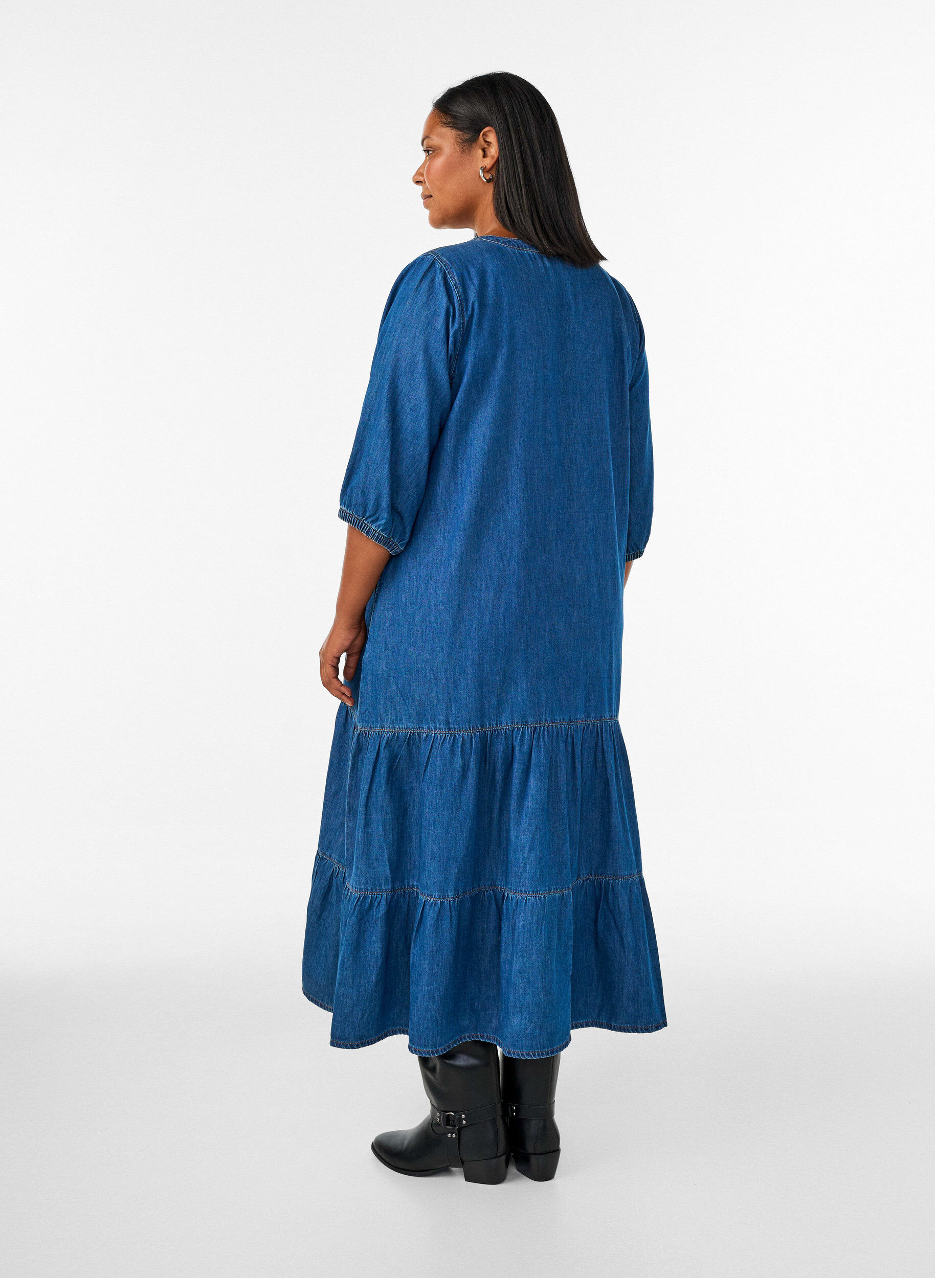 ZizziMaxikl&auml;nning i denim med volangv&aring;der, Bl&aring;, Model image number 1