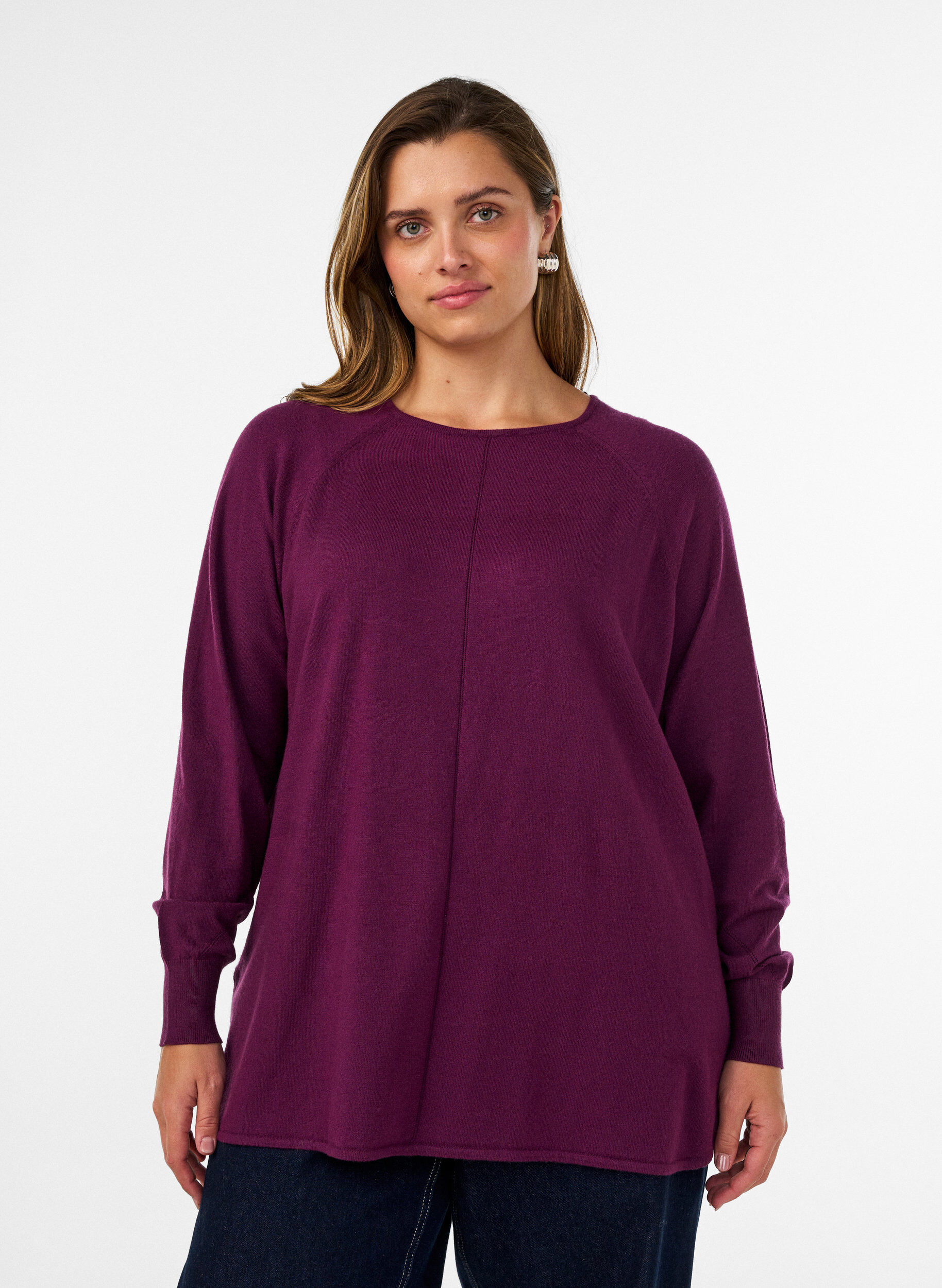 Stickad blus med rund halsringning och stickat m&ouml;nster, R&ouml;d, Model
