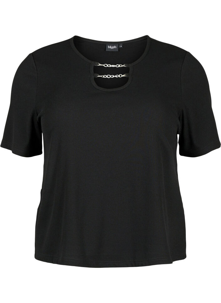 Ribbad blus med kedjedetalj, Black, Packshot image number 0