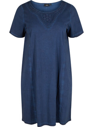 Klänning med spetsdetaljer och korta ärmar, Blue Washed , Packshot image number 0