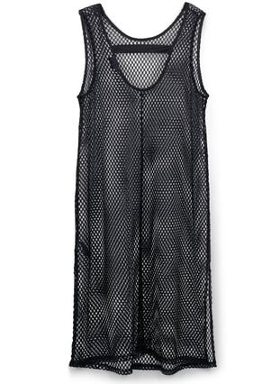 Ärmlös klänning i mesh med slits, Black, Packshot image number 1