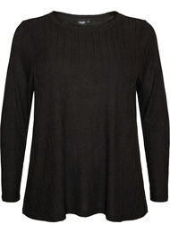 Jerseyblus med ribbstruktur och l&aring;nga &auml;rmar, Svart