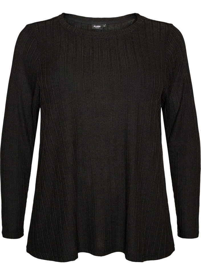 Jerseyblus med ribbstruktur och l&aring;nga &auml;rmar, Svart, Packshot image number 0