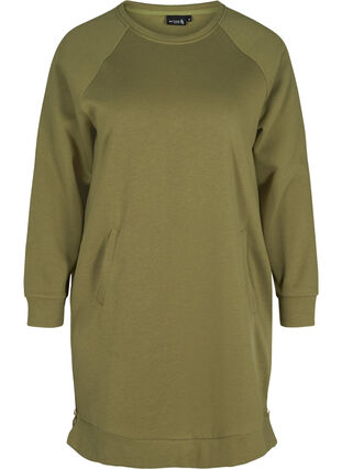 Sweatshirtklänning med fickor och slits, Olive Drab, Packshot image number 0