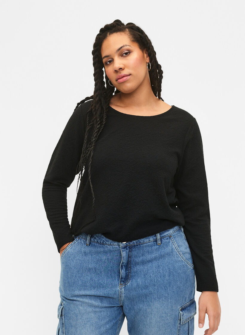 Långärmad blus med struktur, Svart, Model image number 3
