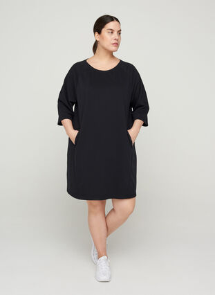 Sweatklänning med 3/4 ärmar och fickor, Black, Model image number 3