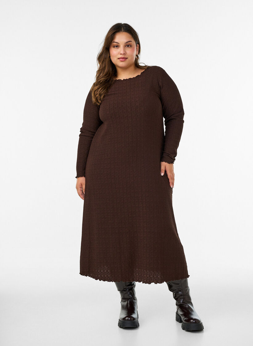Midikl&auml;nning med v&aring;gig struktur och l&aring;nga &auml;rmar, Brun, Model image number 1