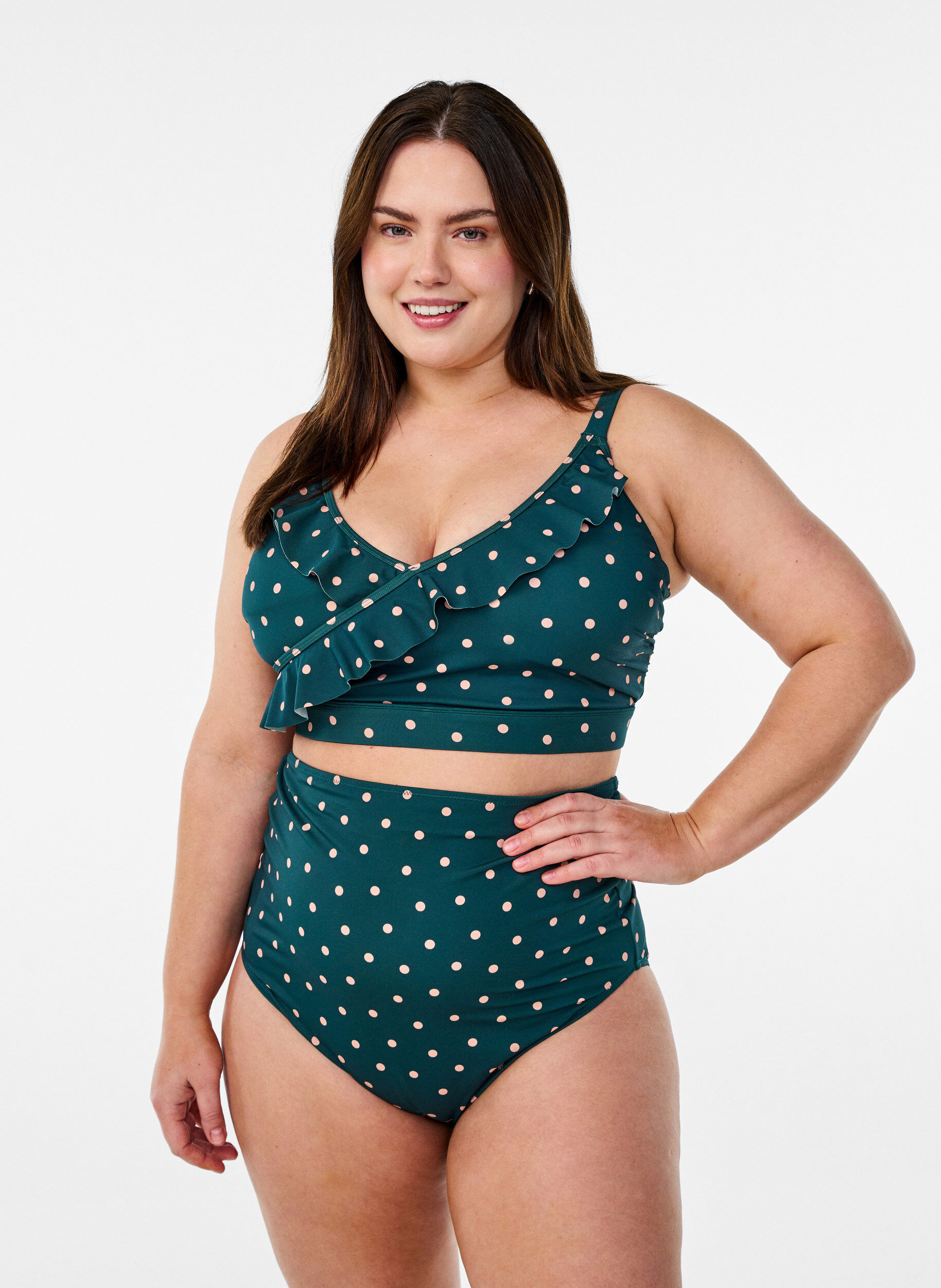 Zizzi Bikinitopp med blommigt tryck och volangdetaljer, Gr&ouml;n, Model image number 1