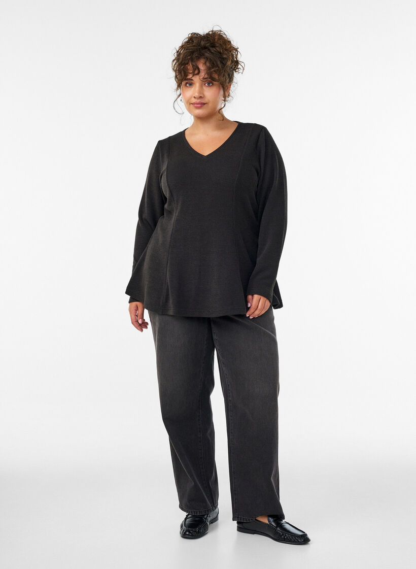 Blus i jersey med ribbad textur och a-linjeformad passform, Svart, Model image number 1