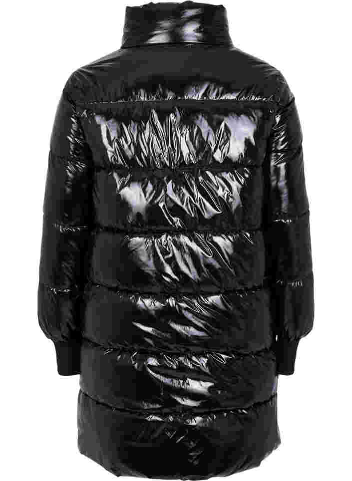 Glansig vinterjacka med dragkedja och knappar framtill, Black, Packshot image number 1