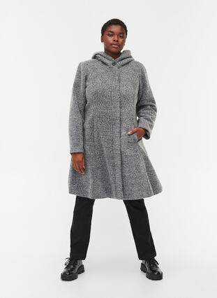Lång jacka med ull, Light Grey Melange, Model image number 3