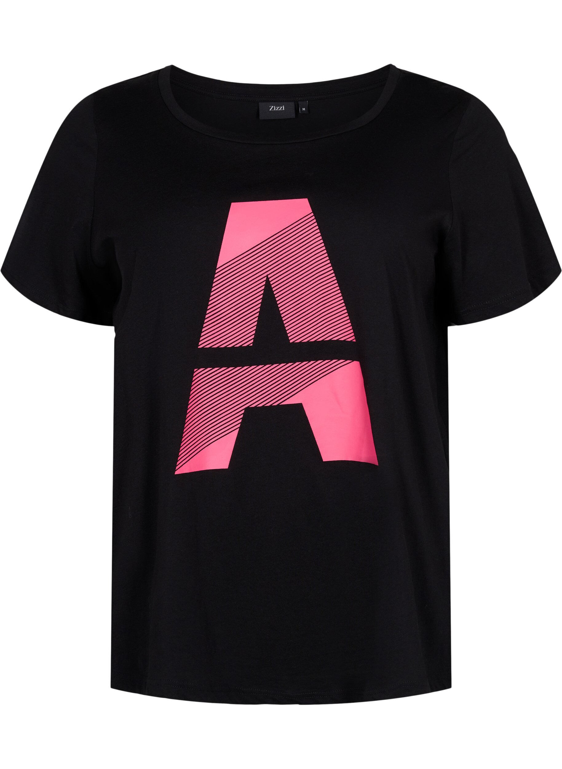 Zizzi  T-shirt till tr&auml;ning med print, Black w. Pink A, Packshot image number 0