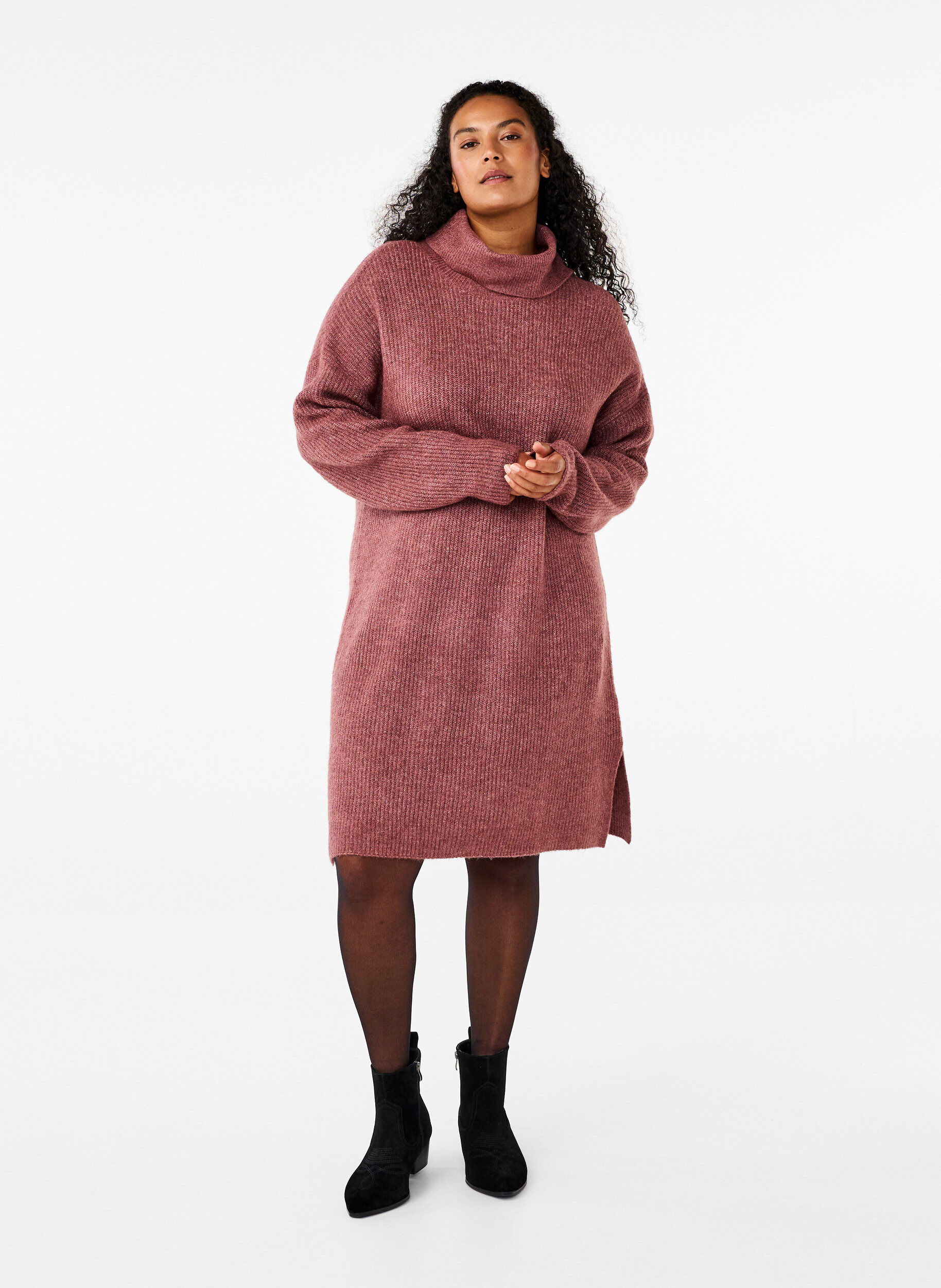 ZizziStickad kl&auml;nning med polokrage, Rosa, Model image number 1