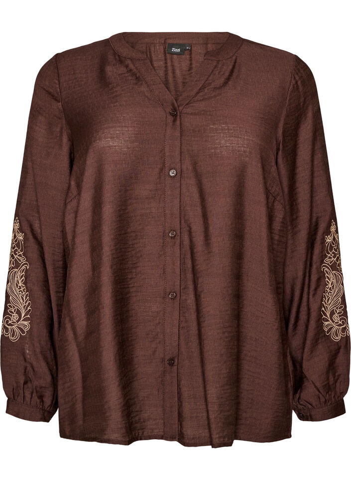 Skjorta i viskos med broderade &auml;rmar, Brun, Packshot image number 0