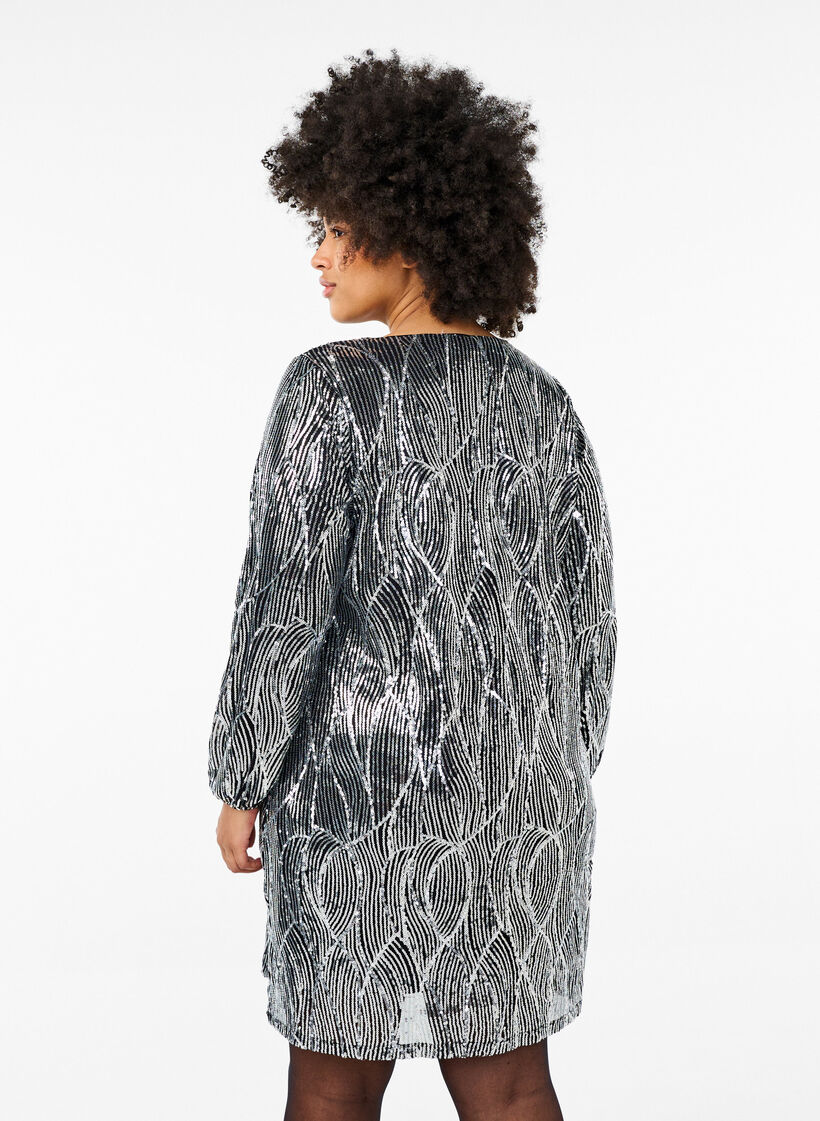 Långärmad paljettklänning med mönster, Silver Sequins, Model image number 1