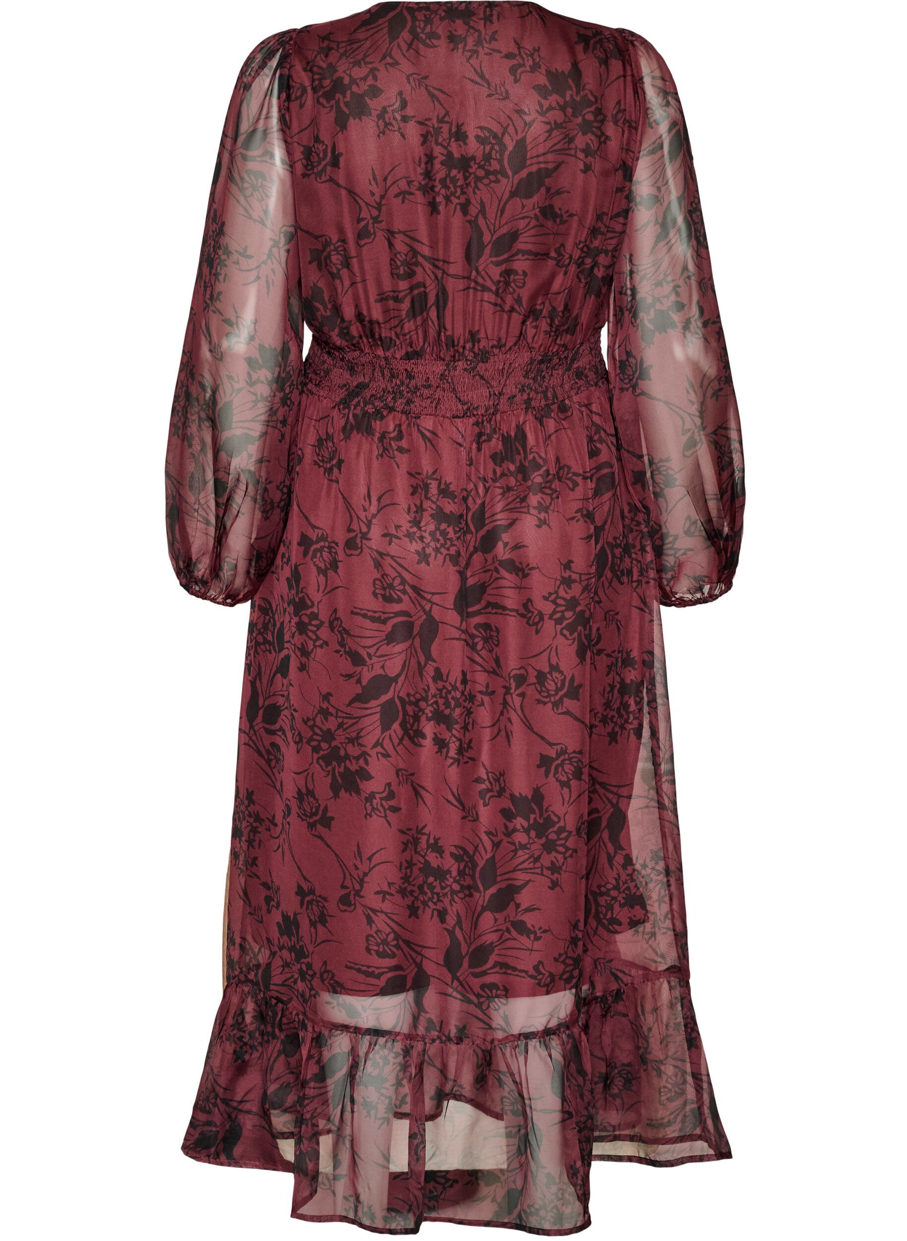 ZizziMaxikl&auml;nning med blommigt m&ouml;nster och smock, M&ouml;rk Bordeaux, Packshot image number 1