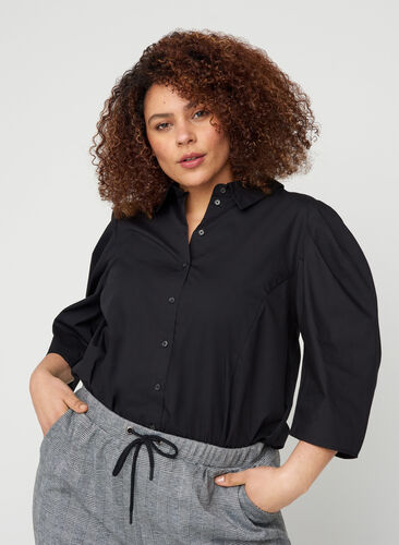 Skjorta i bomull med 3/4 puffärmar, Black, Model image number 0