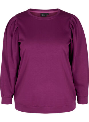 Tröja i sweatshirtmaterial med rund hals och ballongärmar, Dark Purple, Packshot image number 0