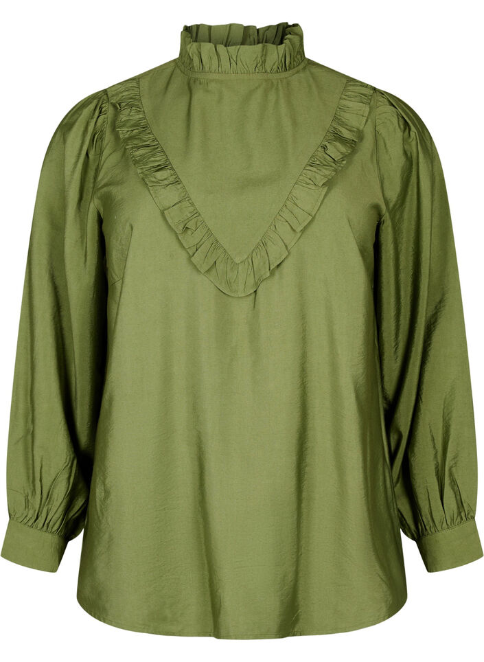Viskosblus med volanger, Loden Green, Packshot image number 0