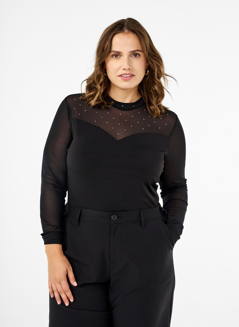 Body med nitar och långa ärmar i mesh, Black, Model image number 0