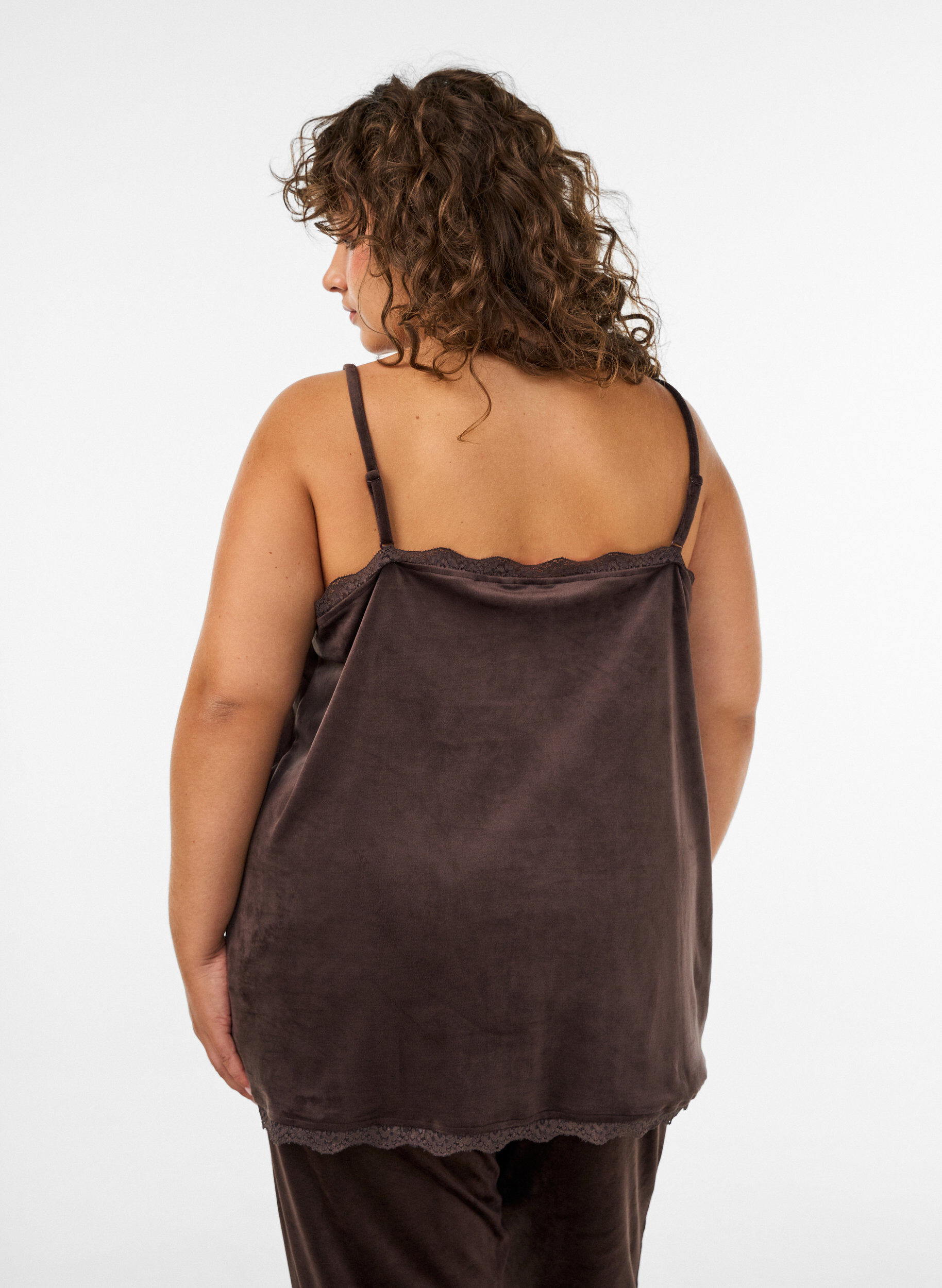 ZizziTopp i velour med spetskant, Brun, Model image number 2