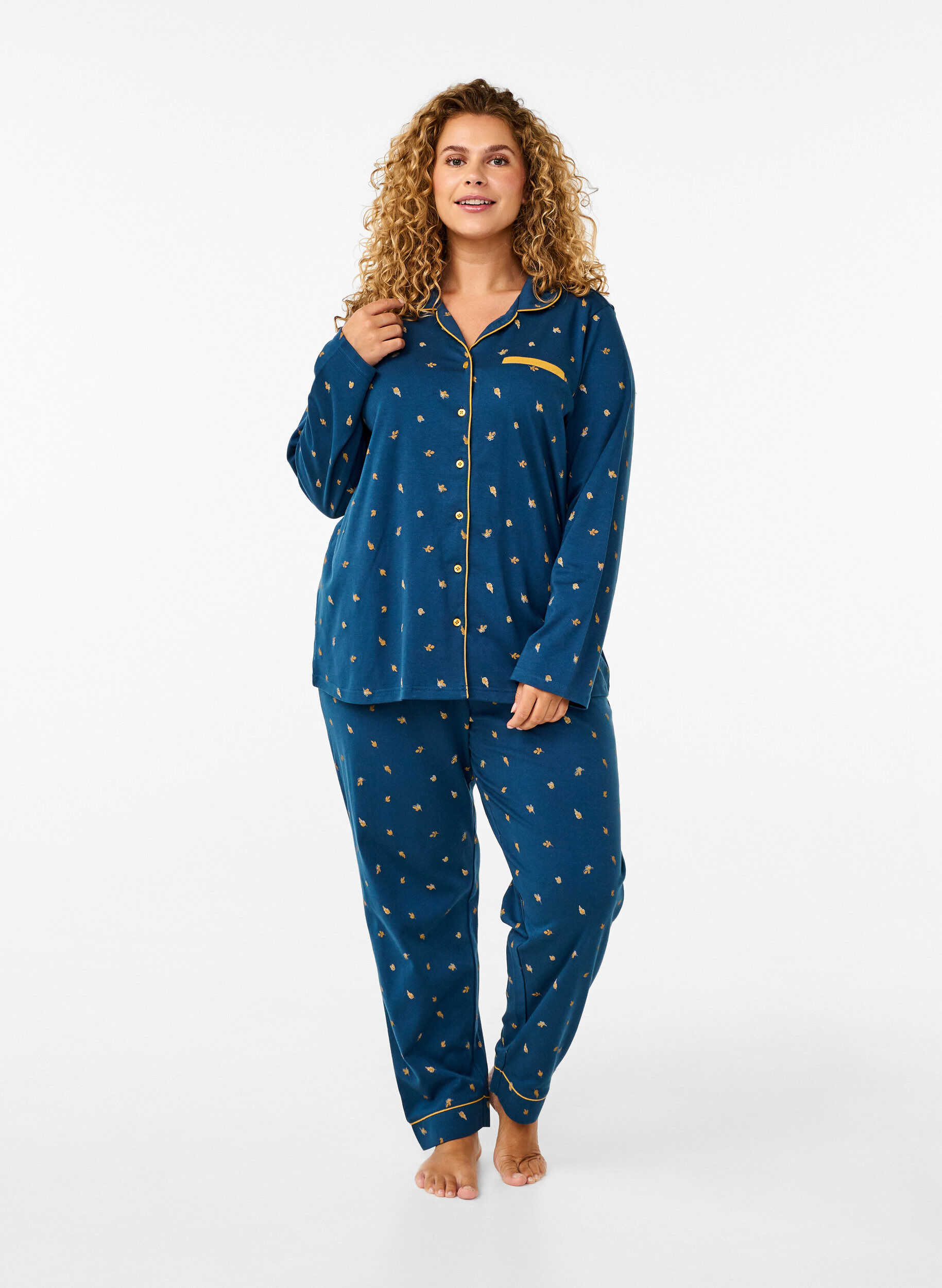 Zizzi Pyjamasbyxor i bomull med tryck, Blue Opal AOP, Model image number 0