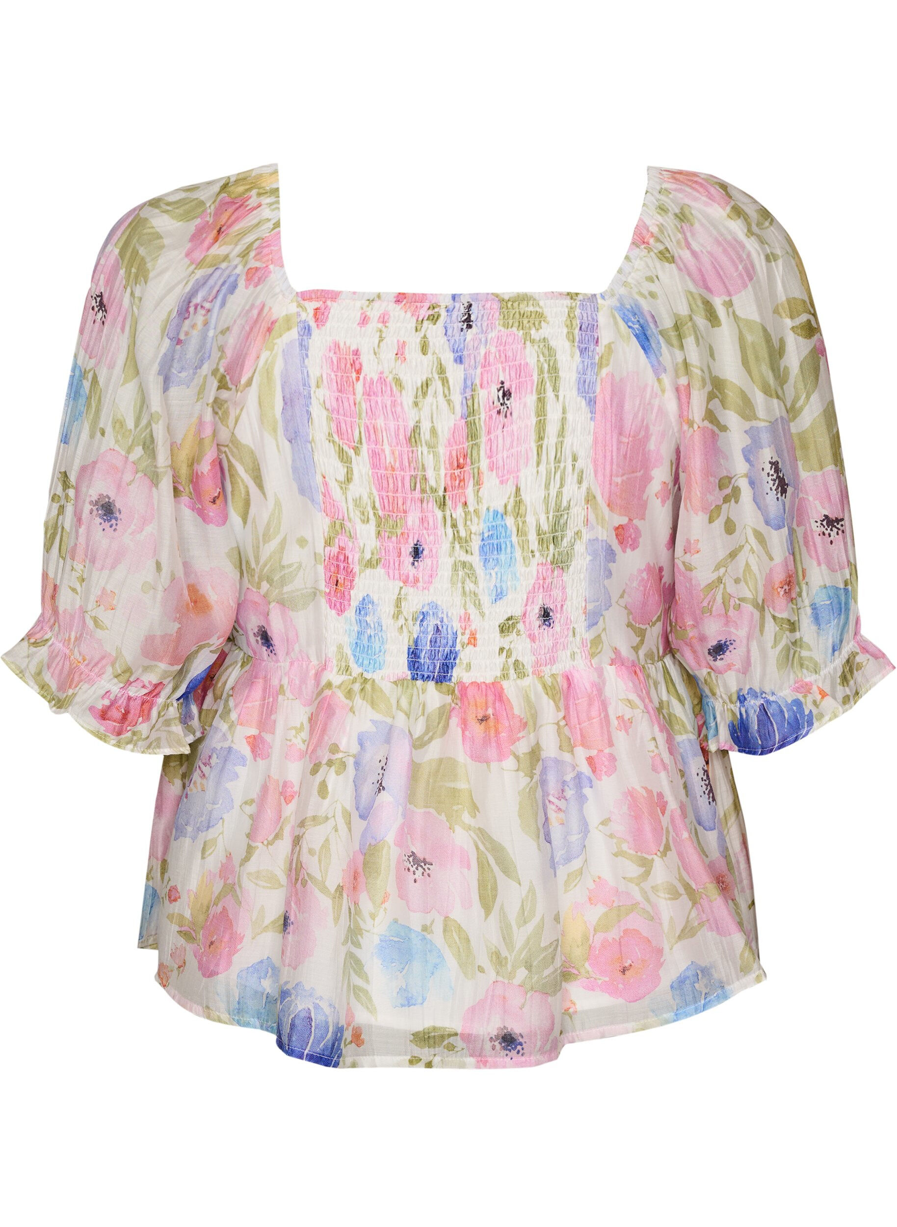 Zizzi Blus i lyocell med blommigt m&ouml;nster och hj&auml;rtformad ringning, Vit, Packshot image number 1