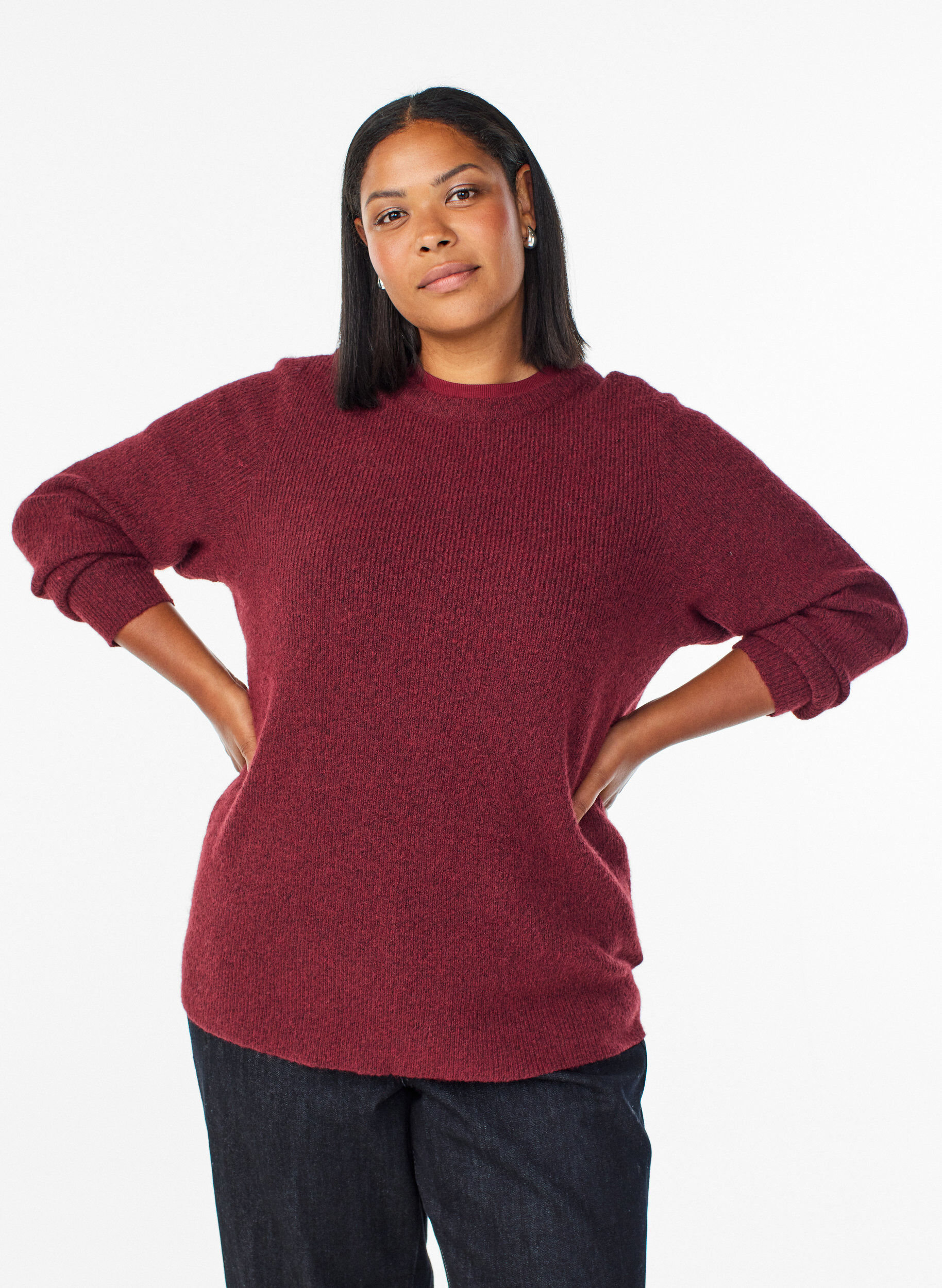 Melerad stickad blus med rund hals, R&ouml;d, Model